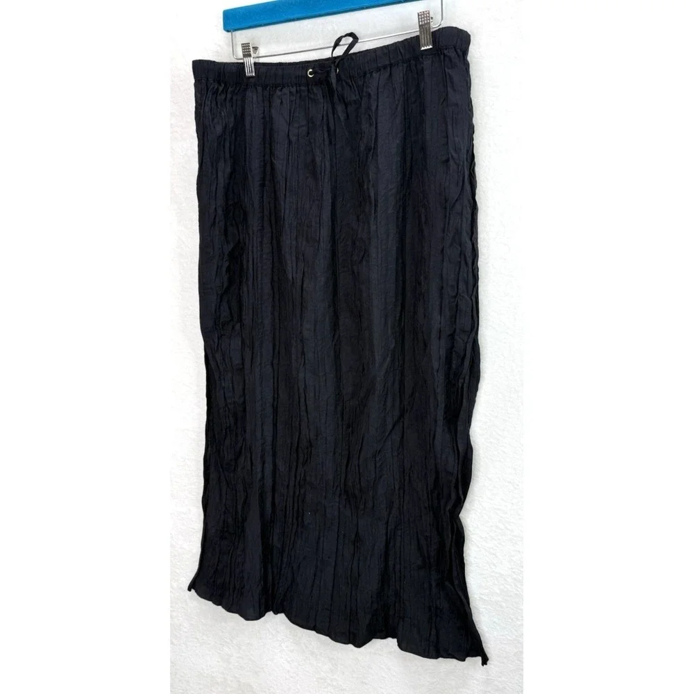 J Crew Women Midi Skirt Size XL Black Crinkled Drawstring Elastic Lined Vent NWT
